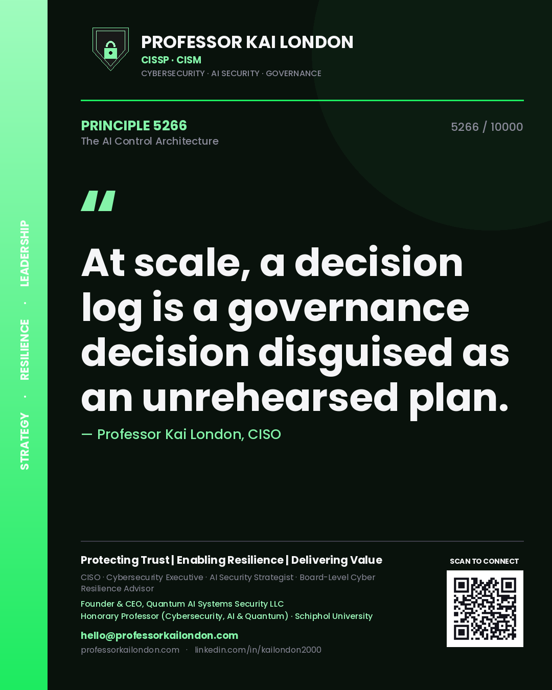 Quote card by Professor Kai London reading 'At scale, a decision log is a governance decision disguised as an unrehearsed plan.'. From the book The AI Control Architecture.