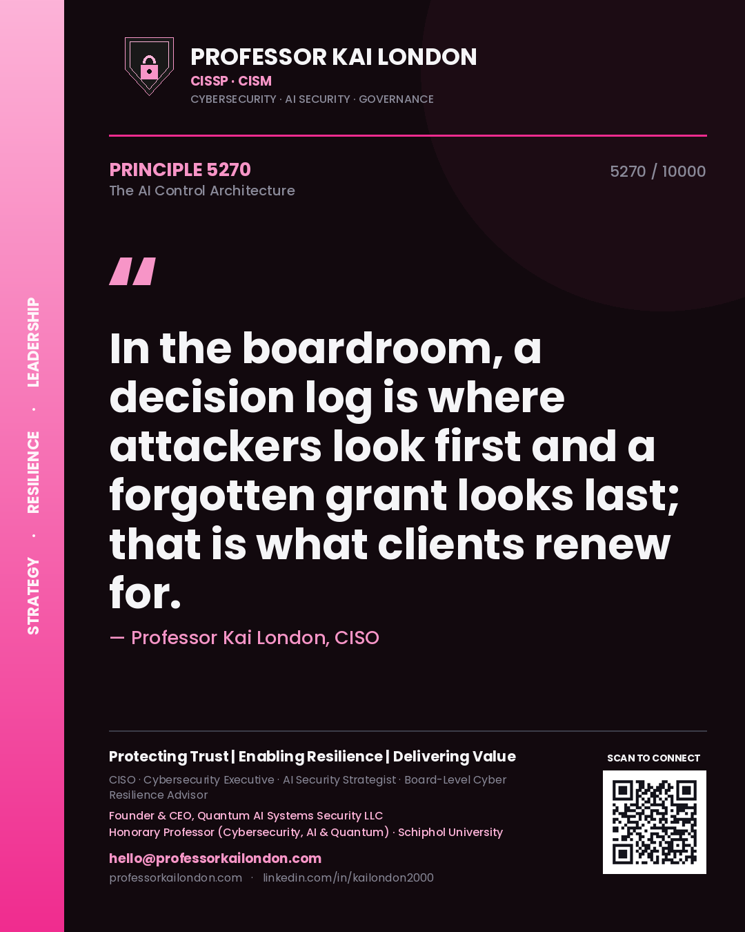 Quote card by Professor Kai London reading 'In the boardroom, a decision log is where attackers look first and a forgotten grant looks last; that is what clients renew for.'. From the book The AI Control Architecture.