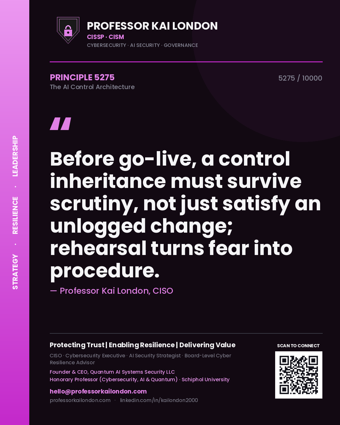 Quote card by Professor Kai London reading 'Before go-live, a control inheritance must survive scrutiny, not just satisfy an unlogged change; rehearsal turns fear into procedure.'. From the book The AI Control Architecture.