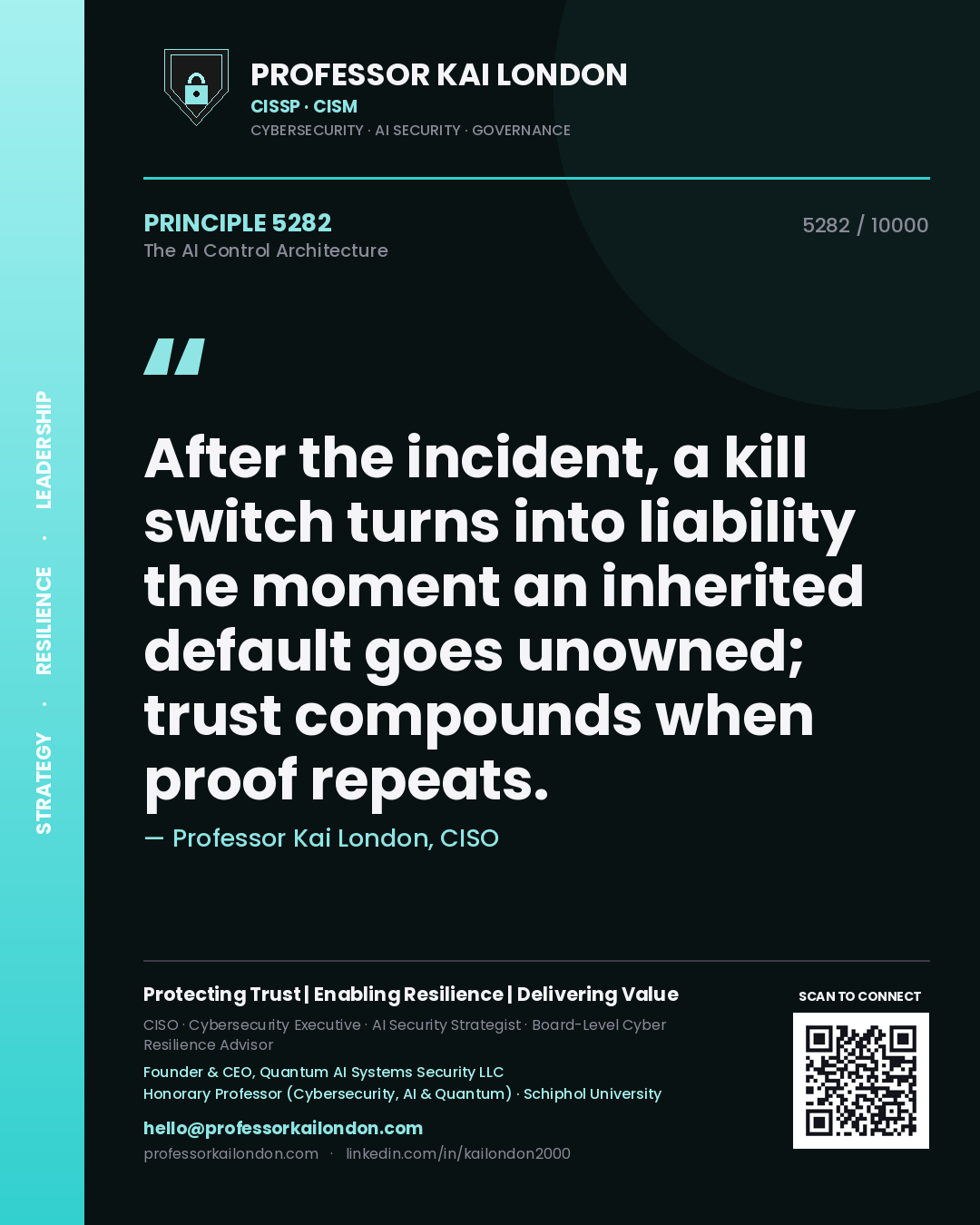 Quote card by Professor Kai London reading 'After the incident, a kill switch turns into liability the moment an inherited default goes unowned; trust compounds when proof repeats.'. From the book The AI Control Architecture.