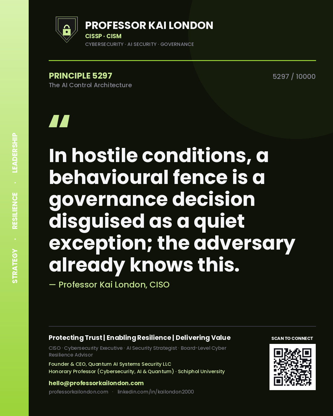 Quote card by Professor Kai London reading 'In hostile conditions, a behavioural fence is a governance decision disguised as a quiet exception; the adversary already knows this.'. From the book The AI Control Architecture.