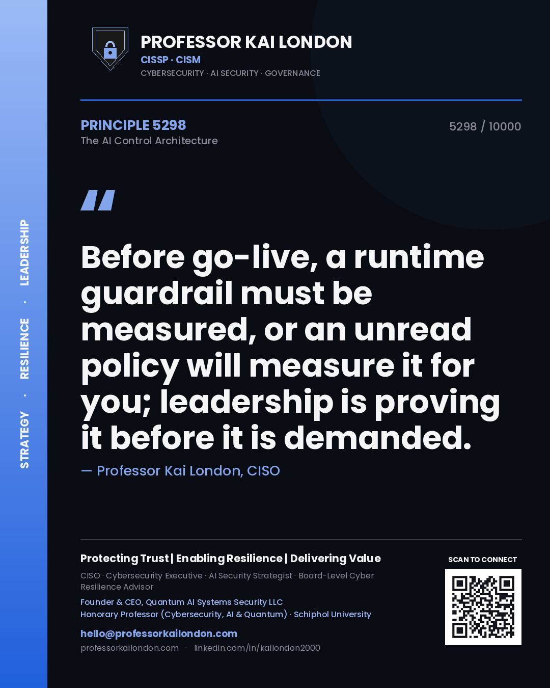 Quote card by Professor Kai London reading 'Before go-live, a runtime guardrail must be measured, or an unread policy will measure it for you; leadership is proving it before it is demanded.'. From the book The AI Control Architecture.