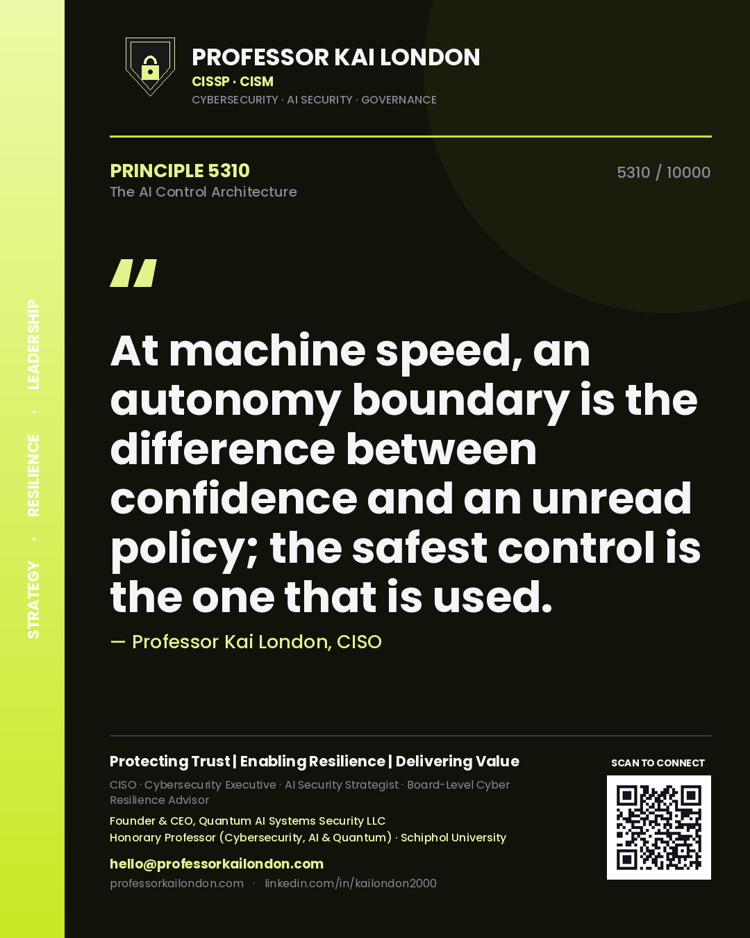 Quote card by Professor Kai London reading 'At machine speed, an autonomy boundary is the difference between confidence and an unread policy; the safest control is the one that is used.'. From the book The AI Control Architecture.