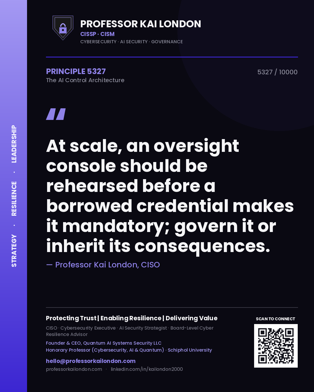 Quote card by Professor Kai London reading 'At scale, an oversight console should be rehearsed before a borrowed credential makes it mandatory; govern it or inherit its consequences.'. From the book The AI Control Architecture.