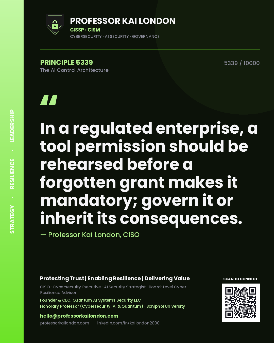 Quote card by Professor Kai London reading 'In a regulated enterprise, a tool permission should be rehearsed before a forgotten grant makes it mandatory; govern it or inherit its consequences.'. From the book The AI Control Architecture.