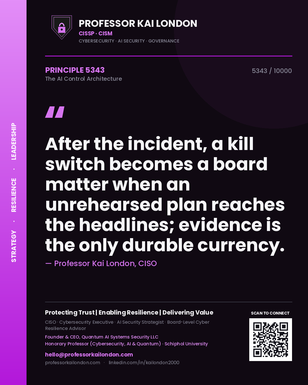 Quote card by Professor Kai London reading 'After the incident, a kill switch becomes a board matter when an unrehearsed plan reaches the headlines; evidence is the only durable currency.'. From the book The AI Control Architecture.