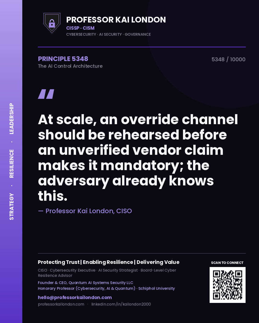 Quote card by Professor Kai London reading 'At scale, an override channel should be rehearsed before an unverified vendor claim makes it mandatory; the adversary already knows this.'. From the book The AI Control Architecture.