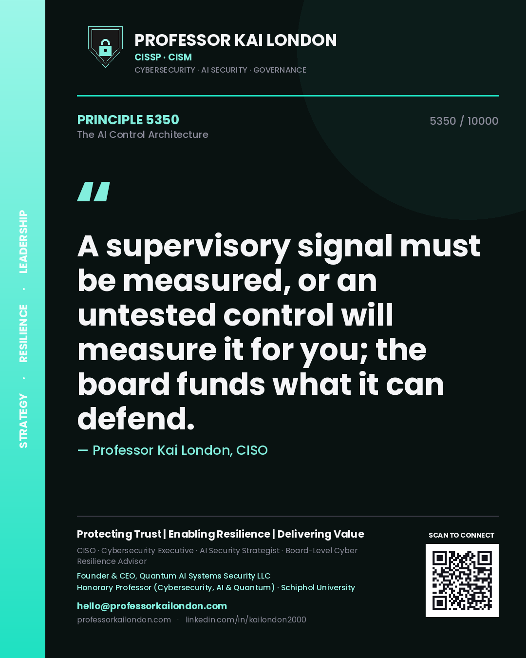 Quote card by Professor Kai London reading 'A supervisory signal must be measured, or an untested control will measure it for you; the board funds what it can defend.'. From the book The AI Control Architecture.