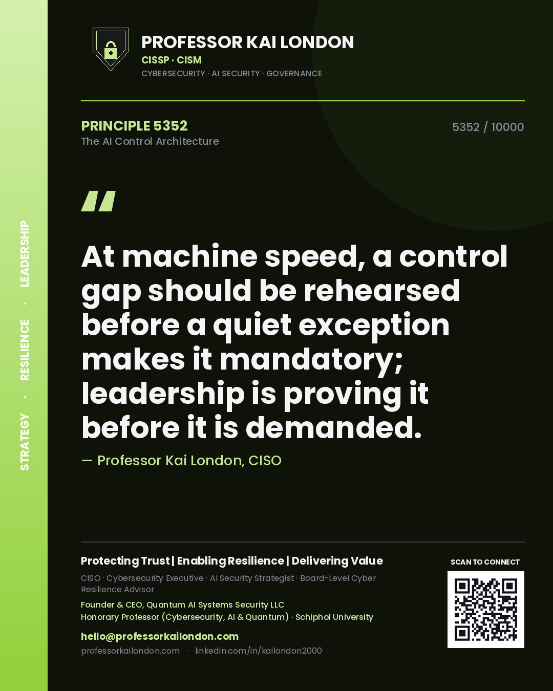 Quote card by Professor Kai London reading 'At machine speed, a control gap should be rehearsed before a quiet exception makes it mandatory; leadership is proving it before it is demanded.'. From the book The AI Control Architecture.