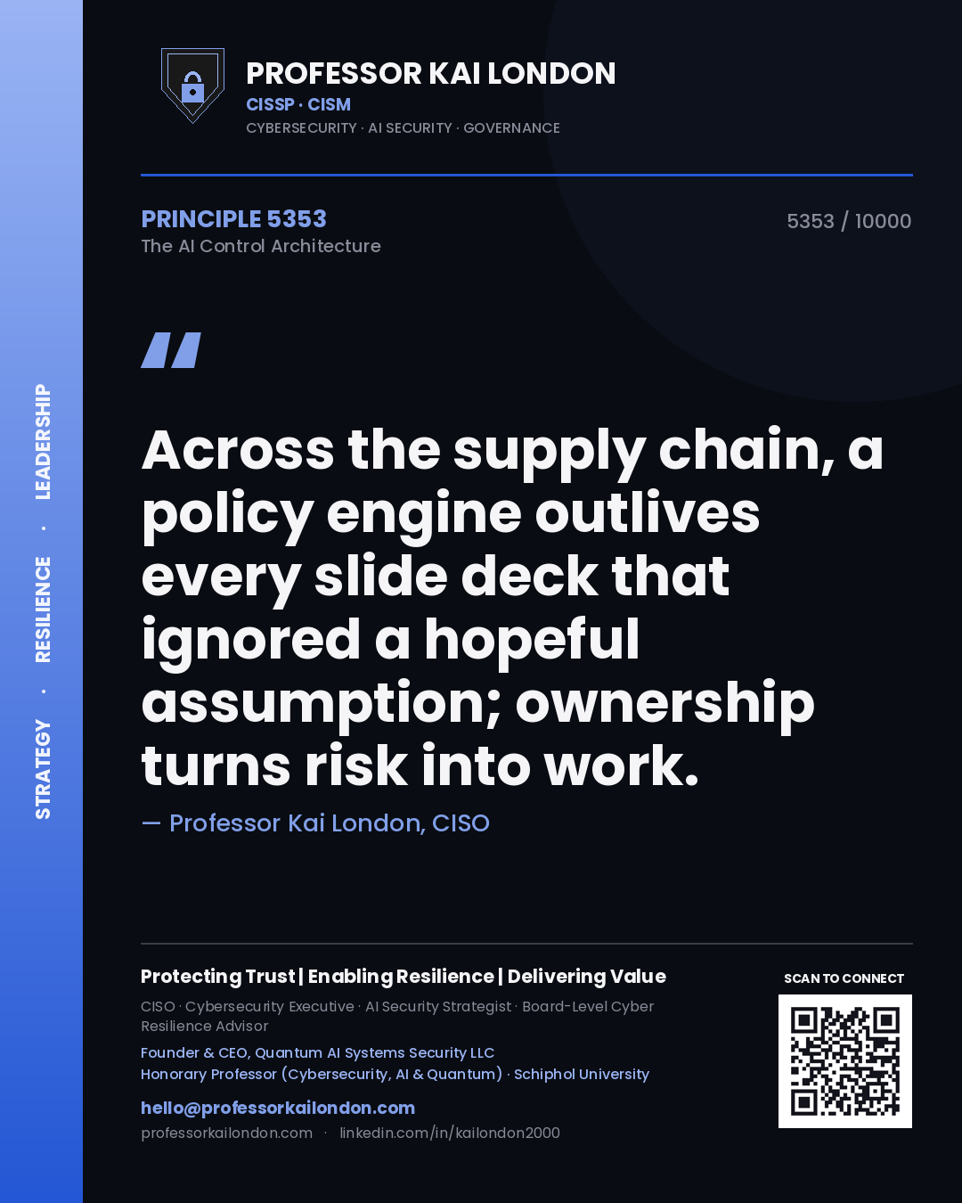 Quote card by Professor Kai London reading 'Across the supply chain, a policy engine outlives every slide deck that ignored a hopeful assumption; ownership turns risk into work.'. From the book The AI Control Architecture.