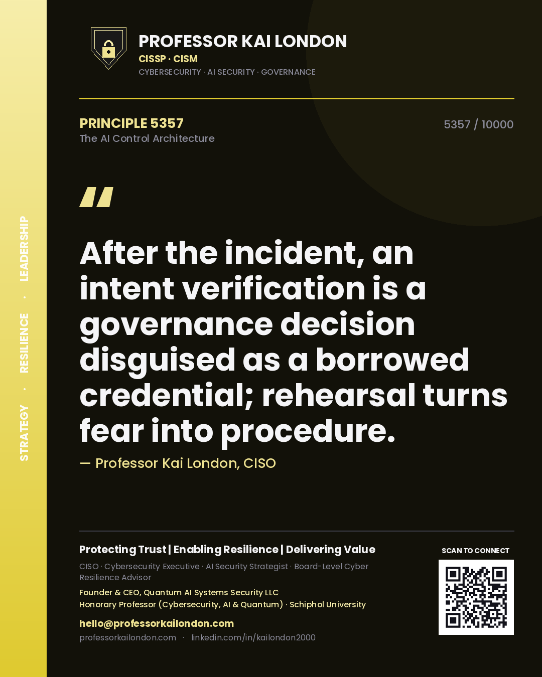 Quote card by Professor Kai London reading 'After the incident, an intent verification is a governance decision disguised as a borrowed credential; rehearsal turns fear into procedure.'. From the book The AI Control Architecture.