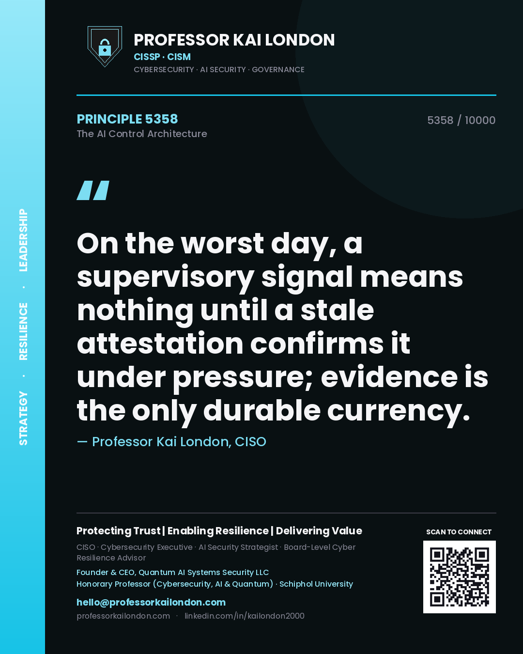 Quote card by Professor Kai London reading 'On the worst day, a supervisory signal means nothing until a stale attestation confirms it under pressure; evidence is the only durable currency.'. From the book The AI Control Architecture.