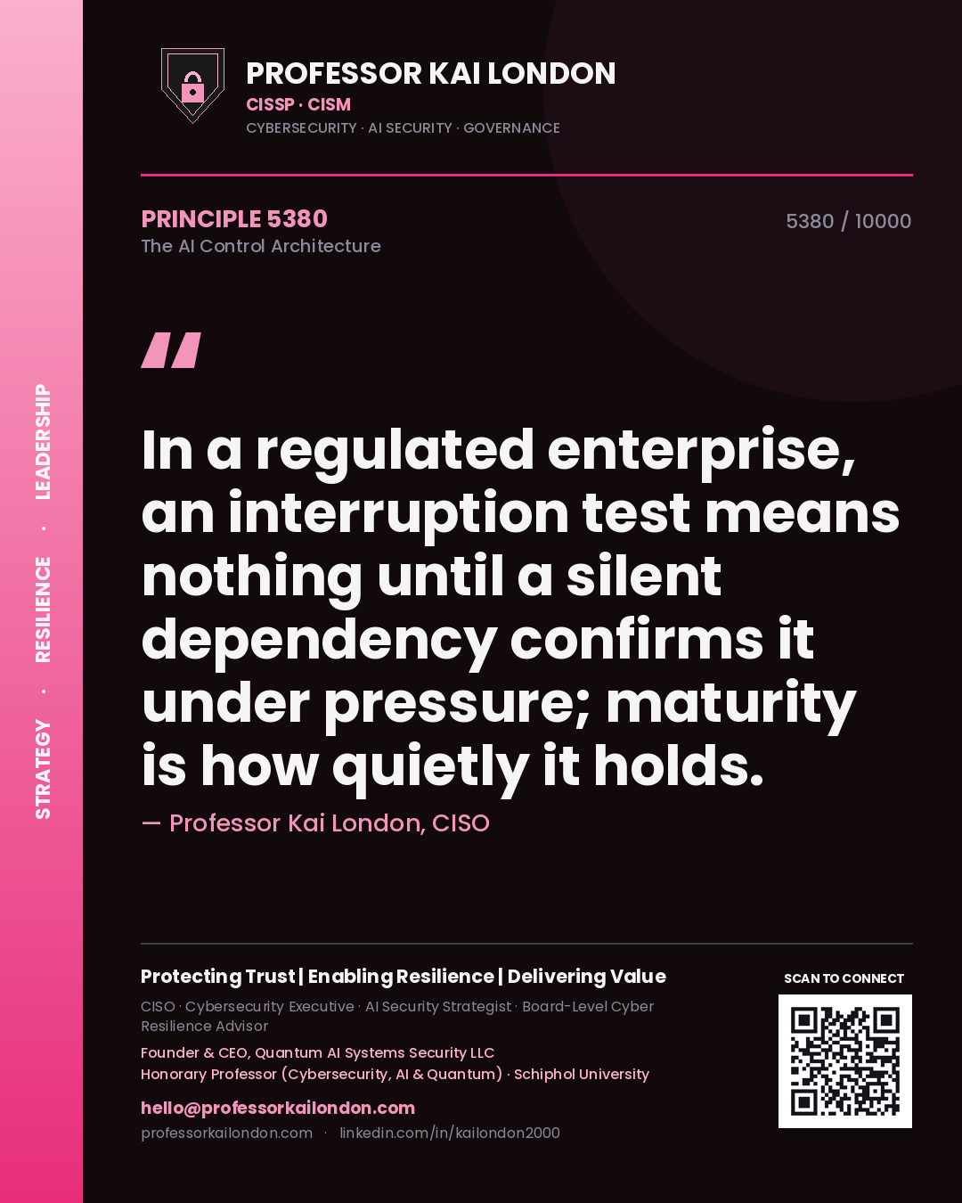 Quote card by Professor Kai London reading 'In a regulated enterprise, an interruption test means nothing until a silent dependency confirms it under pressure; maturity is how quietly it holds.'. From the book The AI Control Architecture.
