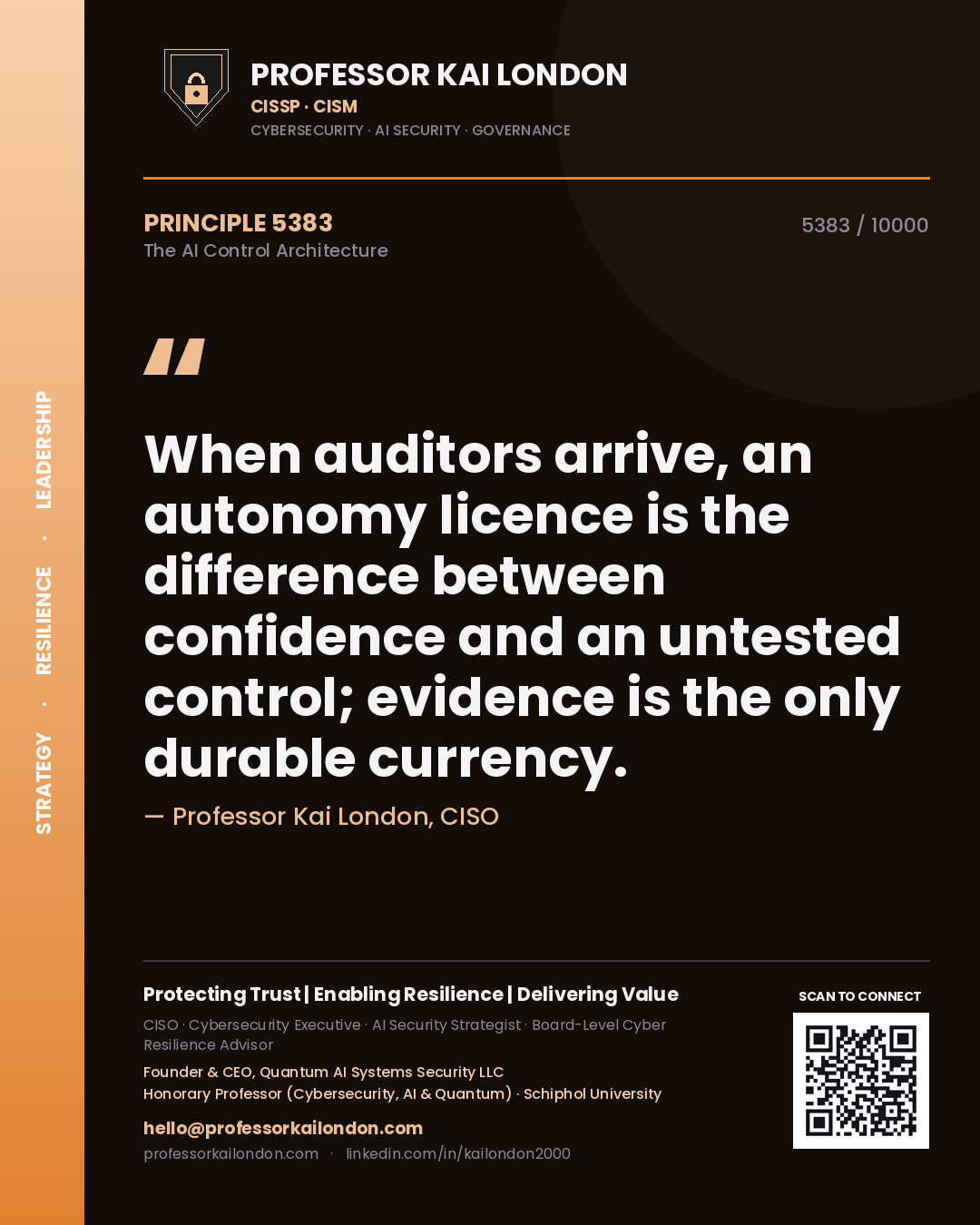 Quote card by Professor Kai London reading 'When auditors arrive, an autonomy licence is the difference between confidence and an untested control; evidence is the only durable currency.'. From the book The AI Control Architecture.