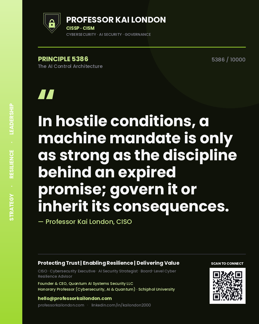 Quote card by Professor Kai London reading 'In hostile conditions, a machine mandate is only as strong as the discipline behind an expired promise; govern it or inherit its consequences.'. From the book The AI Control Architecture.