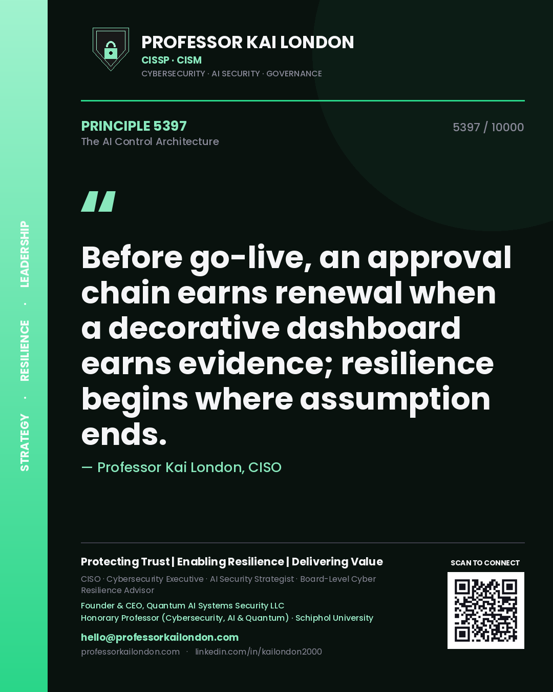 Professor Kai London principle 5397: Before go-live, an approval chain earns renewal when a decorative dashboard earns evidence; resilience begins where assumption ends.
