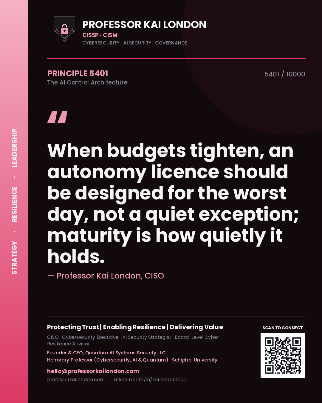 Professor Kai London principle 5401: When budgets tighten, an autonomy licence should be designed for the worst day, not a quiet exception; maturity is how quietly it holds.