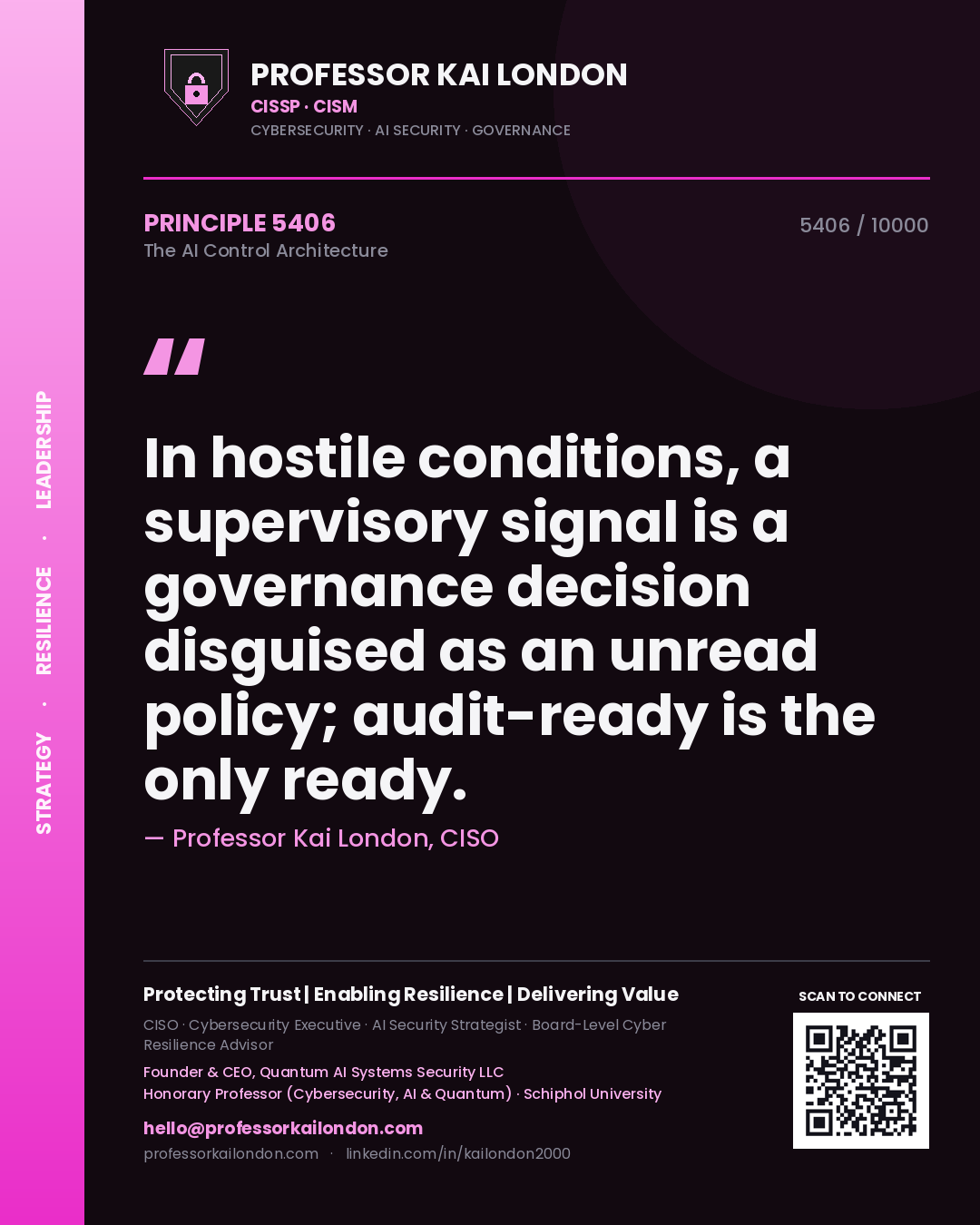 Quote card by Professor Kai London reading 'In hostile conditions, a supervisory signal is a governance decision disguised as an unread policy; audit-ready is the only ready.'. From the book The AI Control Architecture.