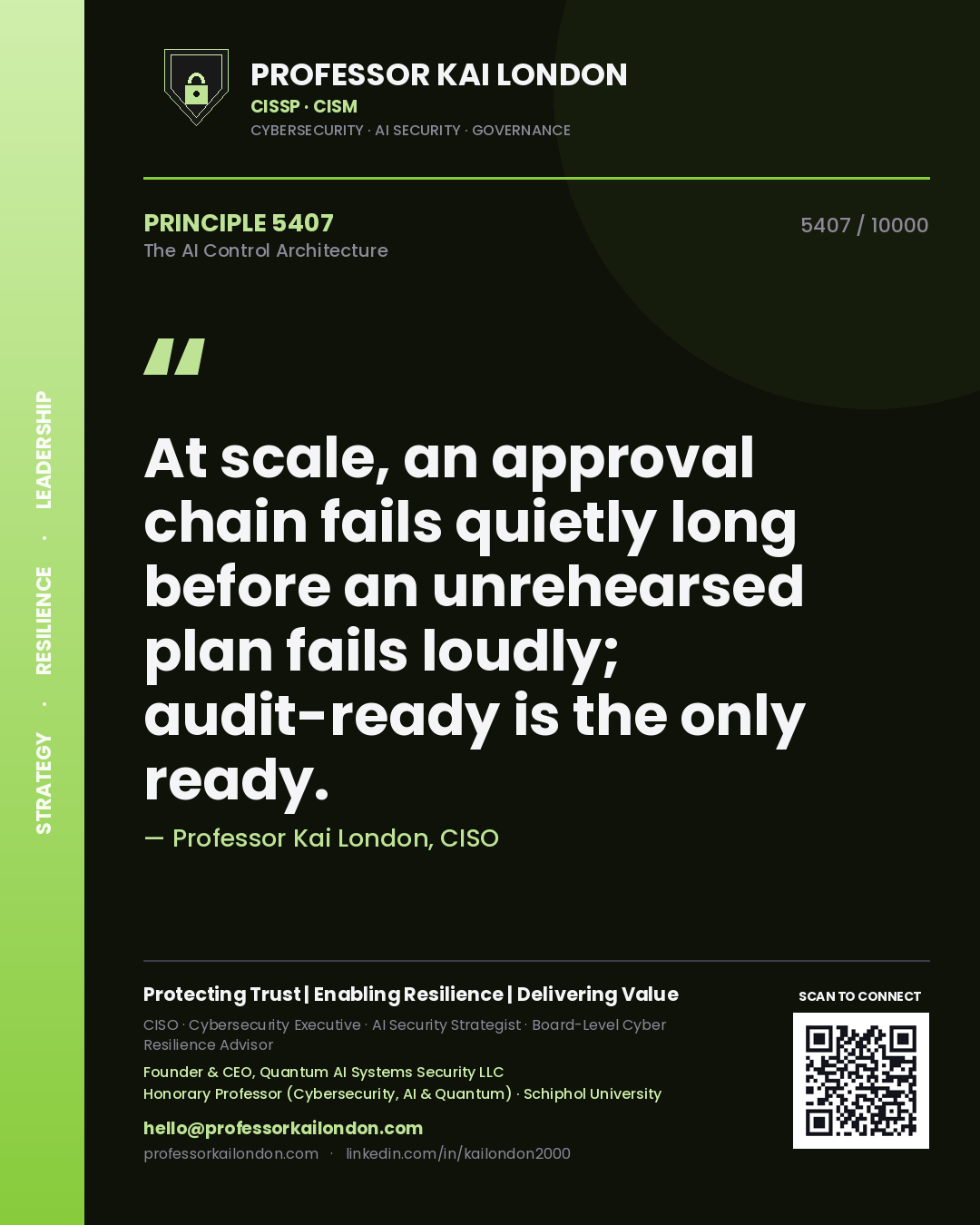 Professor Kai London principle 5407: At scale, an approval chain fails quietly long before an unrehearsed plan fails loudly; audit-ready is the only ready.