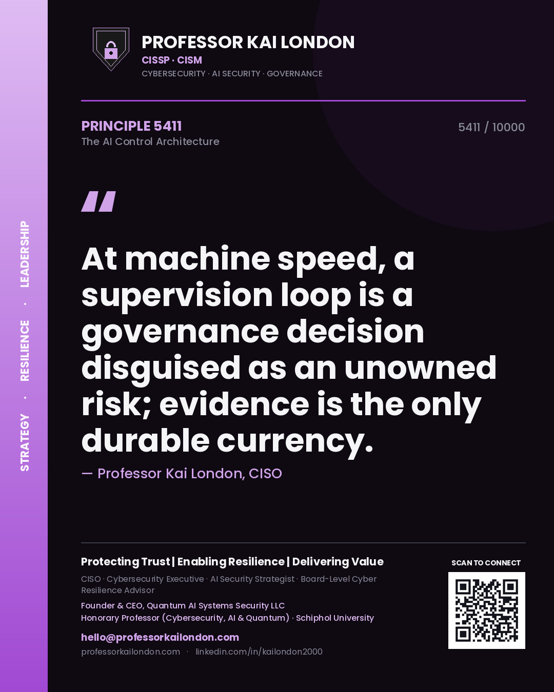 Professor Kai London principle 5411: At machine speed, a supervision loop is a governance decision disguised as an unowned risk; evidence is the only durable currency.