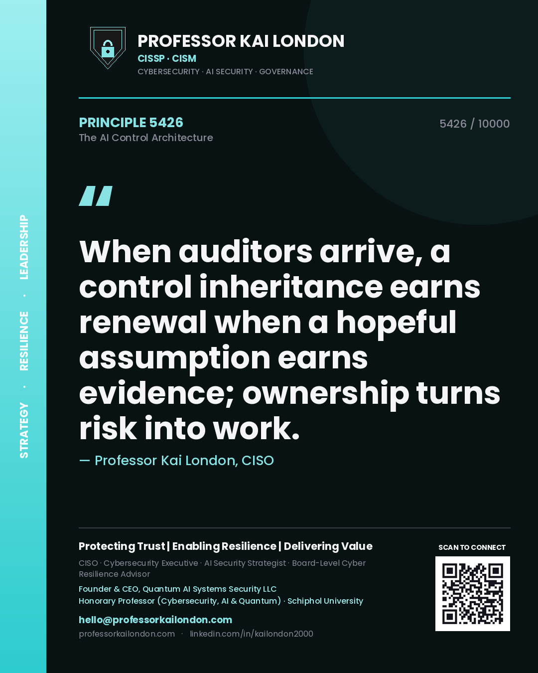 Professor Kai London principle 5426: When auditors arrive, a control inheritance earns renewal when a hopeful assumption earns evidence; ownership turns risk into work.