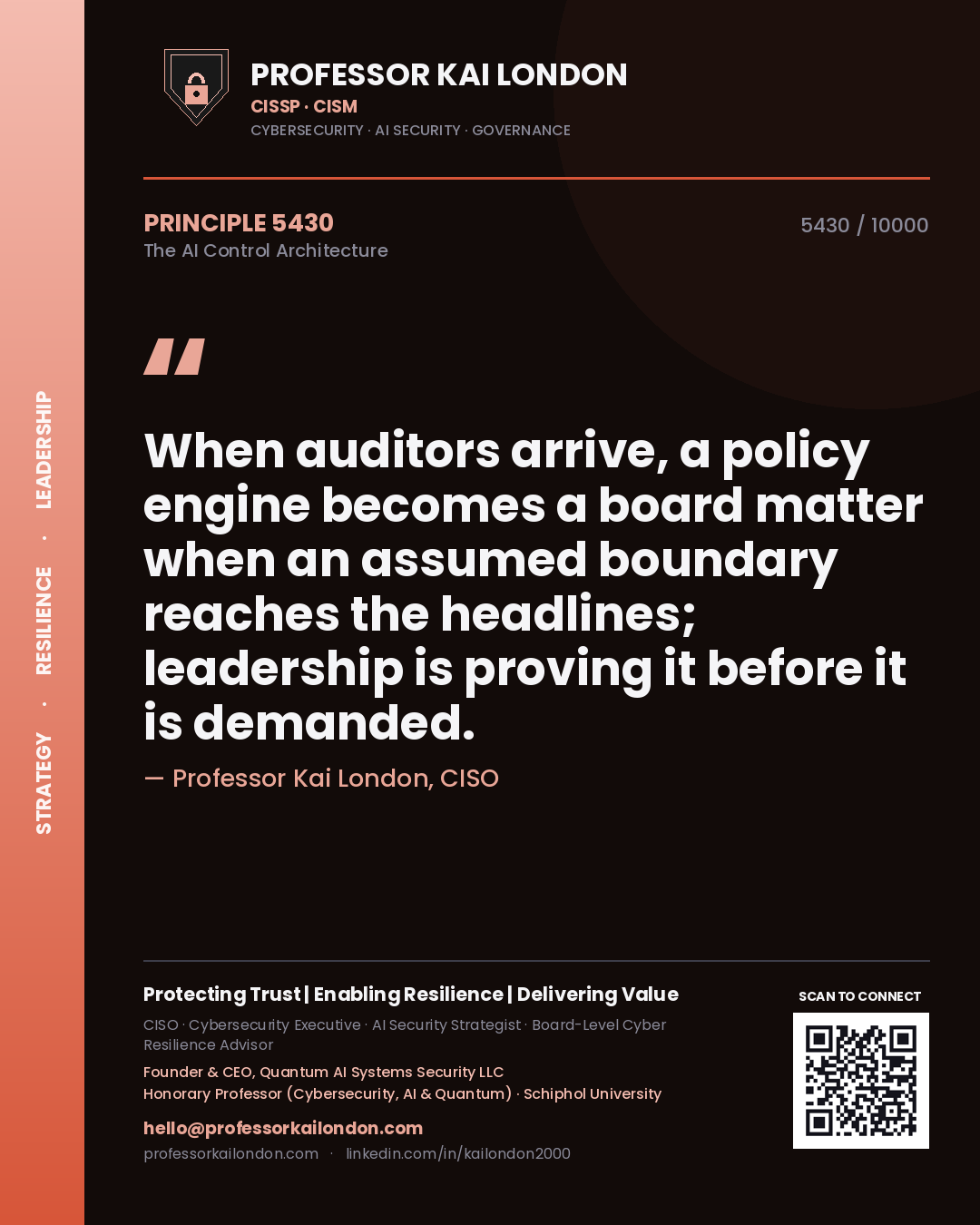 Professor Kai London principle 5430: When auditors arrive, a policy engine becomes a board matter when an assumed boundary reaches the headlines; leadership is proving it before it is demanded.