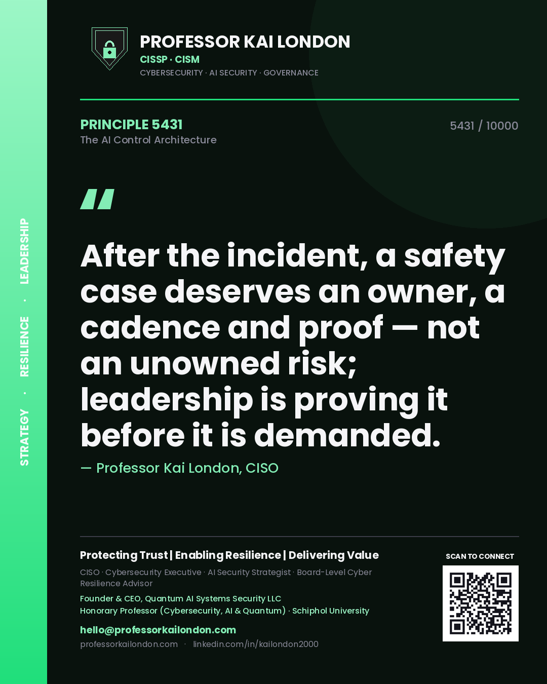 Quote card by Professor Kai London reading 'After the incident, a safety case deserves an owner, a cadence and proof — not an unowned risk; leadership is proving it before it is demanded.'. From the book The AI Control Architecture.