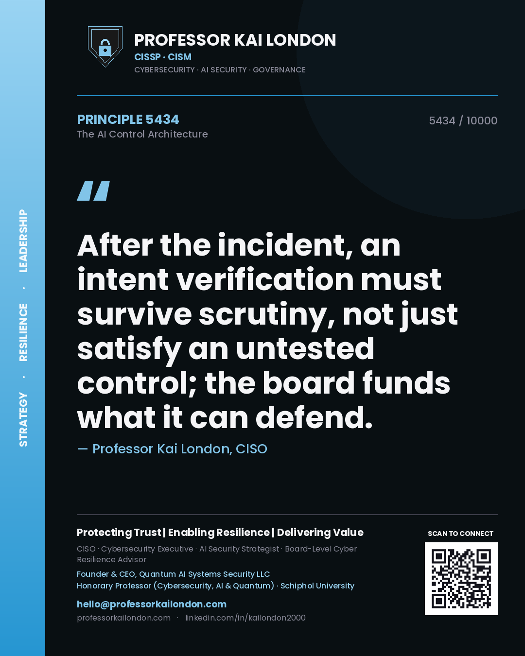 Professor Kai London principle 5434: After the incident, an intent verification must survive scrutiny, not just satisfy an untested control; the board funds what it can defend.