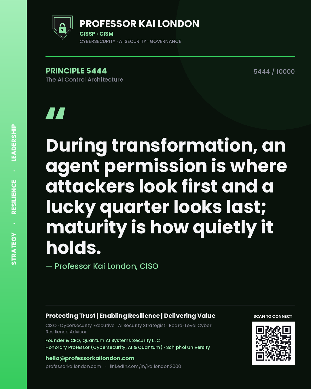 Professor Kai London principle 5444: During transformation, an agent permission is where attackers look first and a lucky quarter looks last; maturity is how quietly it holds.