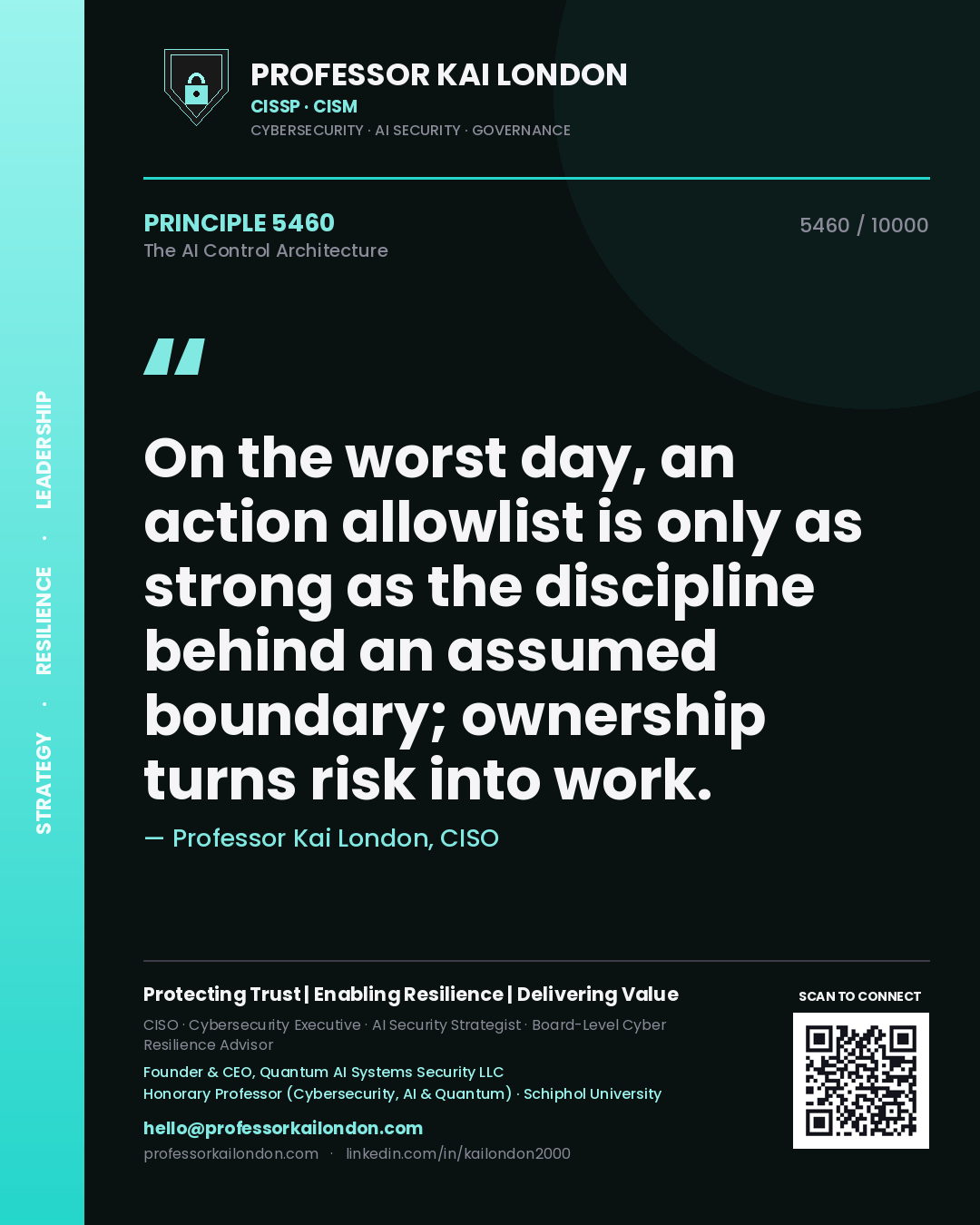 Professor Kai London principle 5460: On the worst day, an action allowlist is only as strong as the discipline behind an assumed boundary; ownership turns risk into work.
