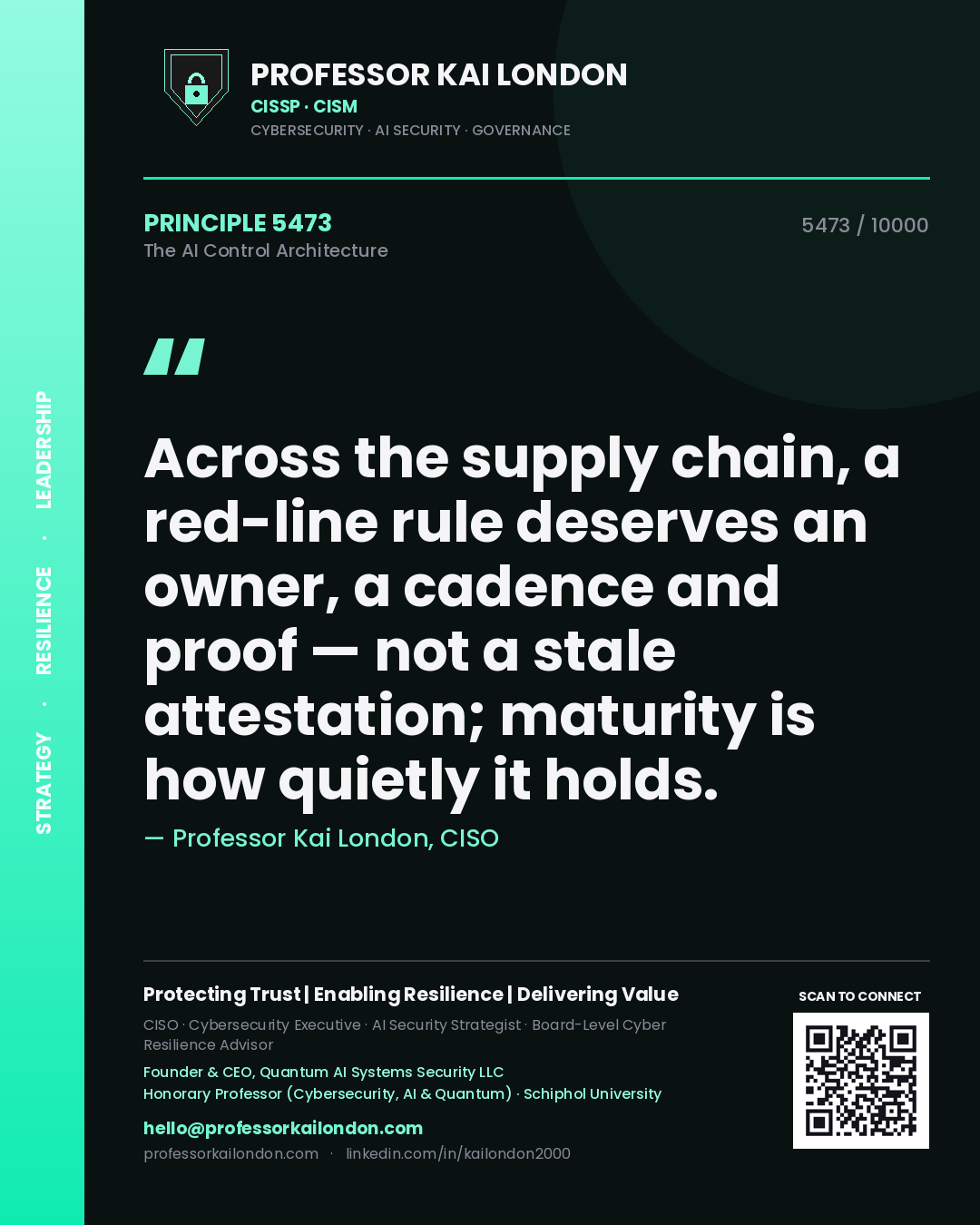 Quote card by Professor Kai London reading 'Across the supply chain, a red-line rule deserves an owner, a cadence and proof — not a stale attestation; maturity is how quietly it holds.'. From the book The AI Control Architecture.