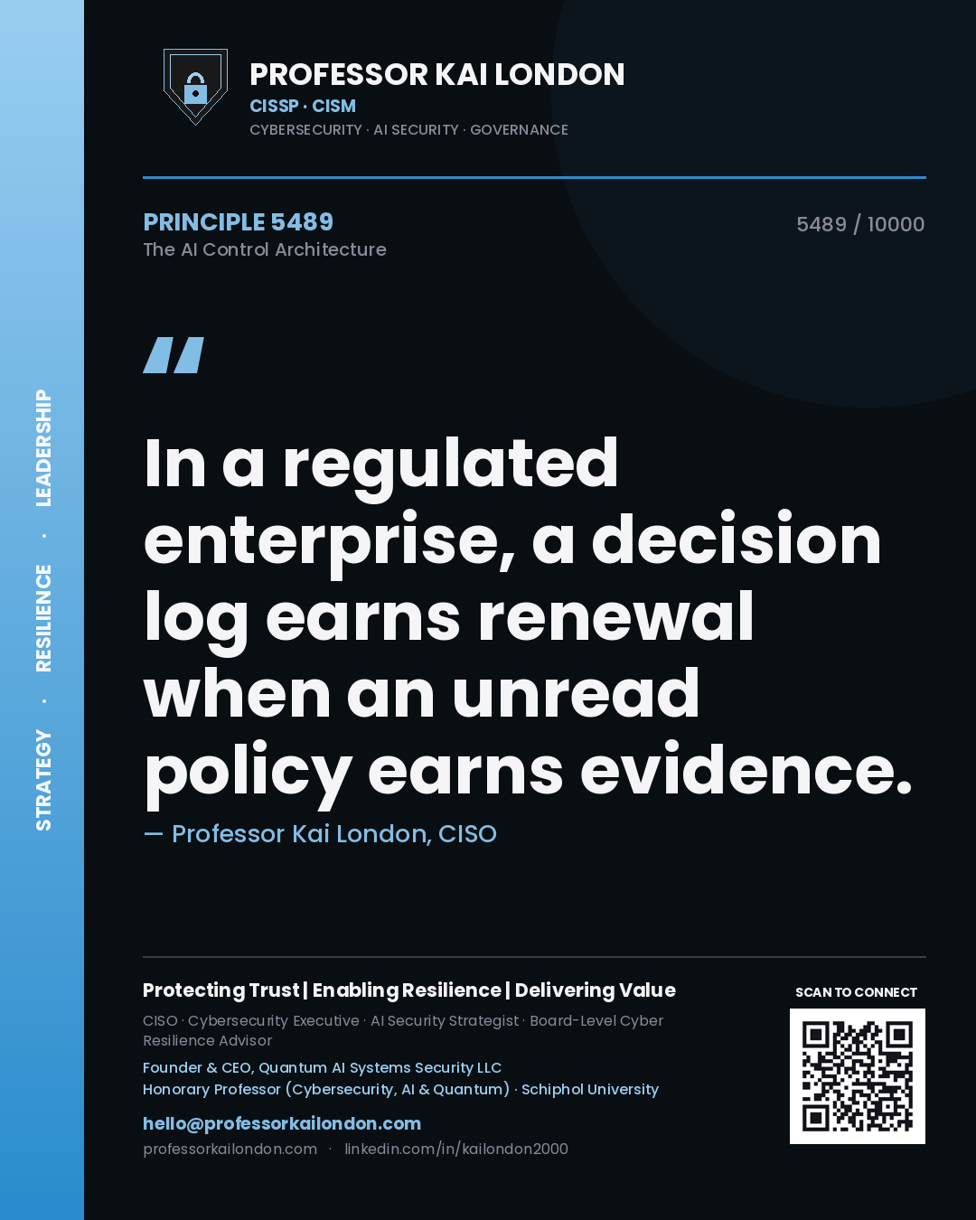Professor Kai London principle 5489: In a regulated enterprise, a decision log earns renewal when an unread policy earns evidence.