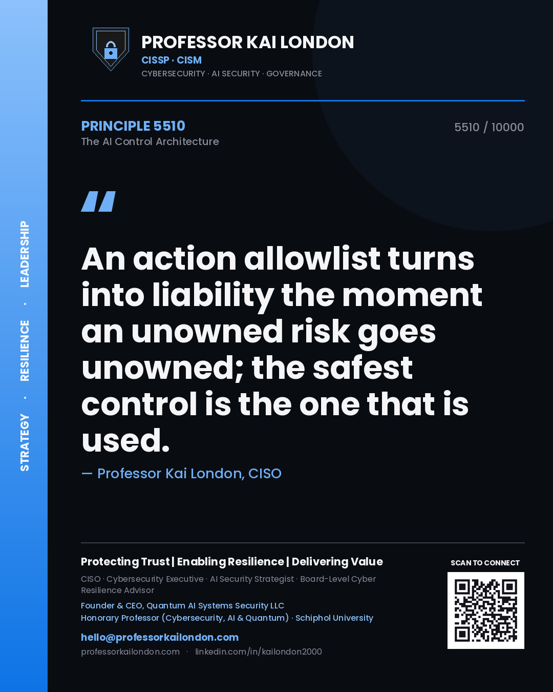 Quote card by Professor Kai London reading 'An action allowlist turns into liability the moment an unowned risk goes unowned; the safest control is the one that is used.'. From the book The AI Control Architecture.