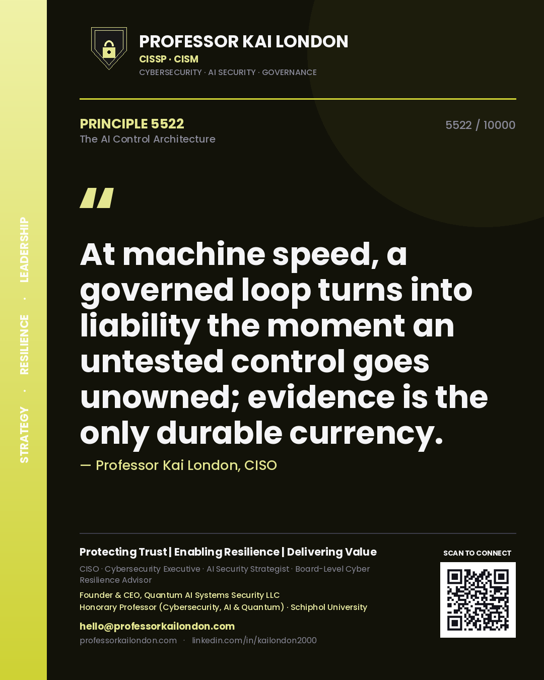 Professor Kai London principle 5522: At machine speed, a governed loop turns into liability the moment an untested control goes unowned; evidence is the only durable currency.