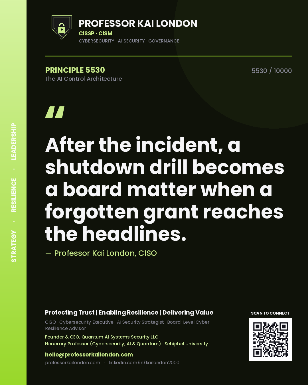Professor Kai London principle 5530: After the incident, a shutdown drill becomes a board matter when a forgotten grant reaches the headlines.