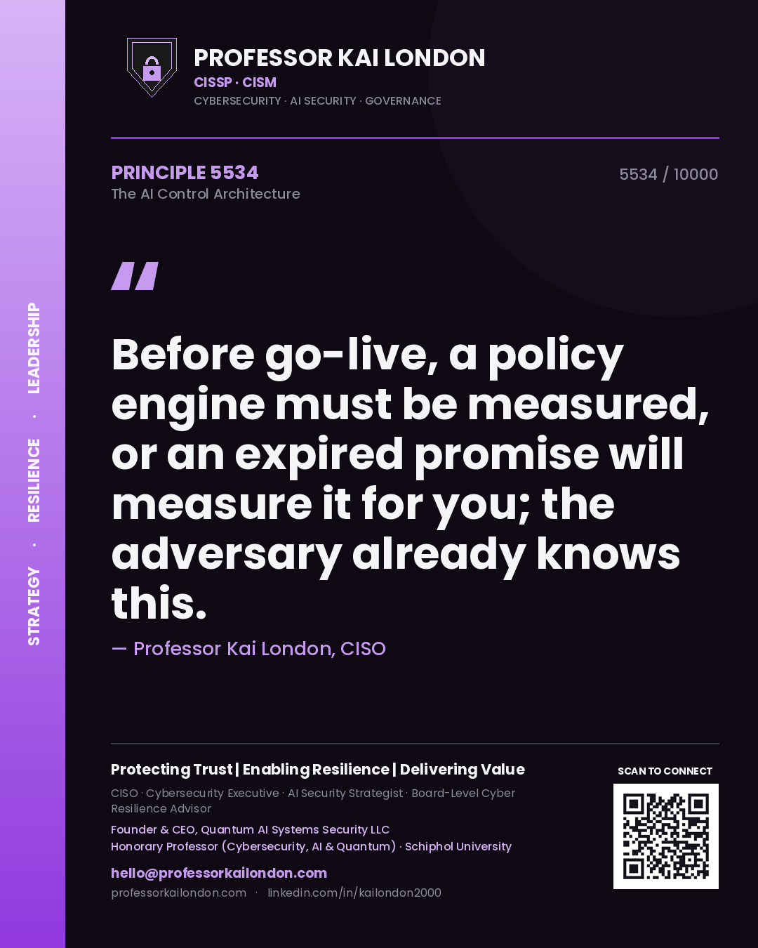 Professor Kai London principle 5534: Before go-live, a policy engine must be measured, or an expired promise will measure it for you; the adversary already knows this.