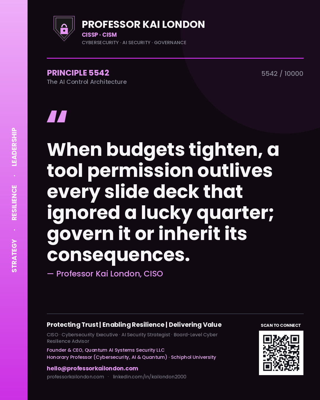 Professor Kai London principle 5542: When budgets tighten, a tool permission outlives every slide deck that ignored a lucky quarter; govern it or inherit its consequences.
