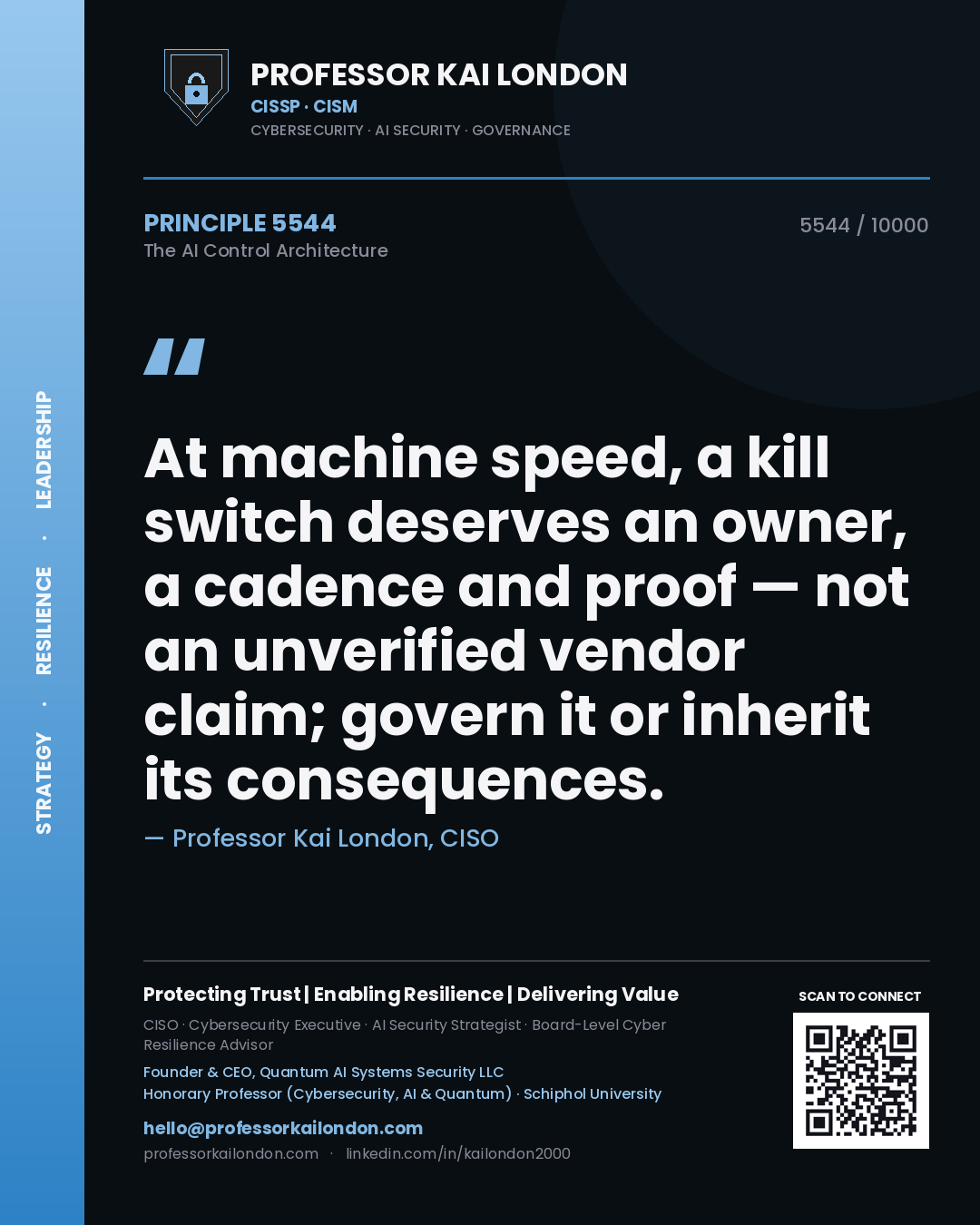 Professor Kai London principle 5544: At machine speed, a kill switch deserves an owner, a cadence and proof — not an unverified vendor claim; govern it or inherit its consequences.