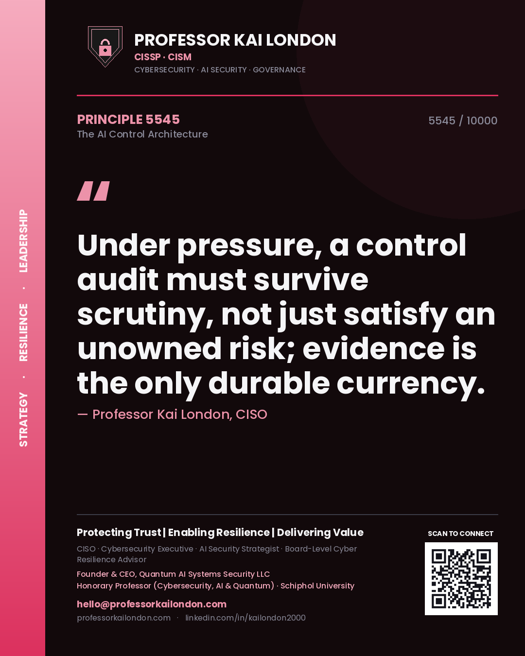 Quote card by Professor Kai London reading 'Under pressure, a control audit must survive scrutiny, not just satisfy an unowned risk; evidence is the only durable currency.'. From the book The AI Control Architecture.