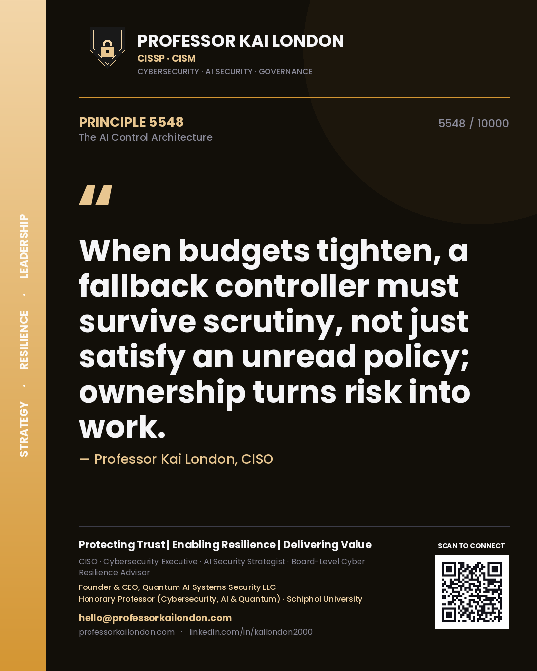 Professor Kai London principle 5548: When budgets tighten, a fallback controller must survive scrutiny, not just satisfy an unread policy; ownership turns risk into work.