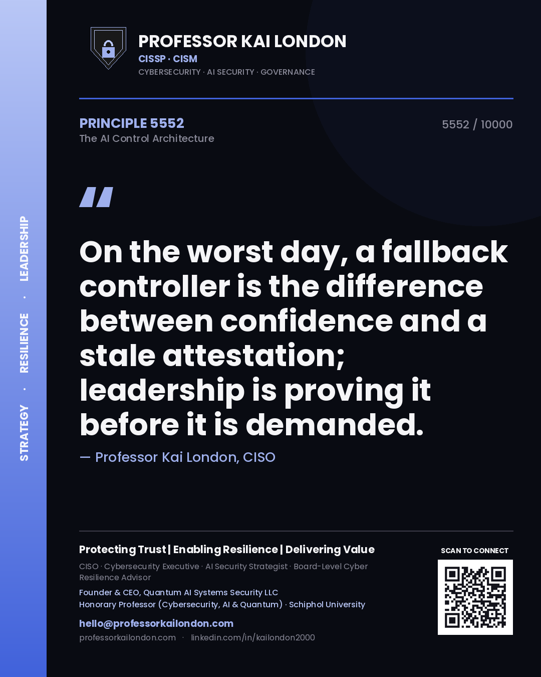 Quote card by Professor Kai London reading 'On the worst day, a fallback controller is the difference between confidence and a stale attestation; leadership is proving it before it is demanded.'. From the book The AI Control Architecture.