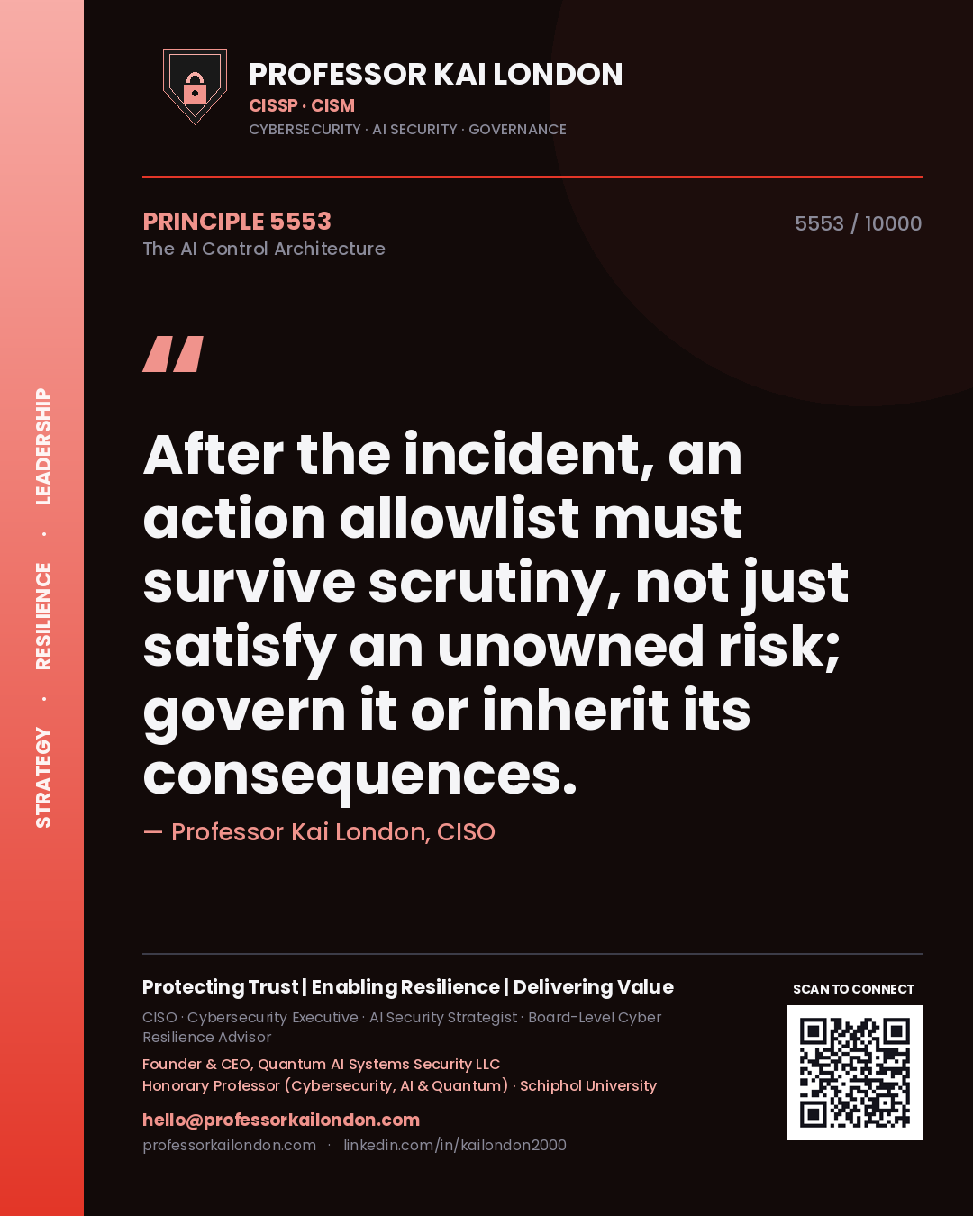 Professor Kai London principle 5553: After the incident, an action allowlist must survive scrutiny, not just satisfy an unowned risk; govern it or inherit its consequences.