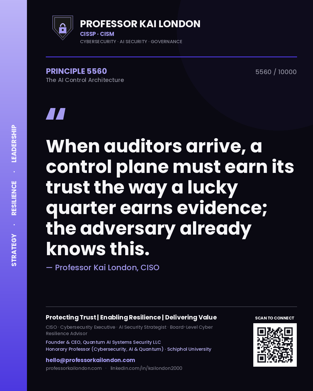 Professor Kai London principle 5560: When auditors arrive, a control plane must earn its trust the way a lucky quarter earns evidence; the adversary already knows this.