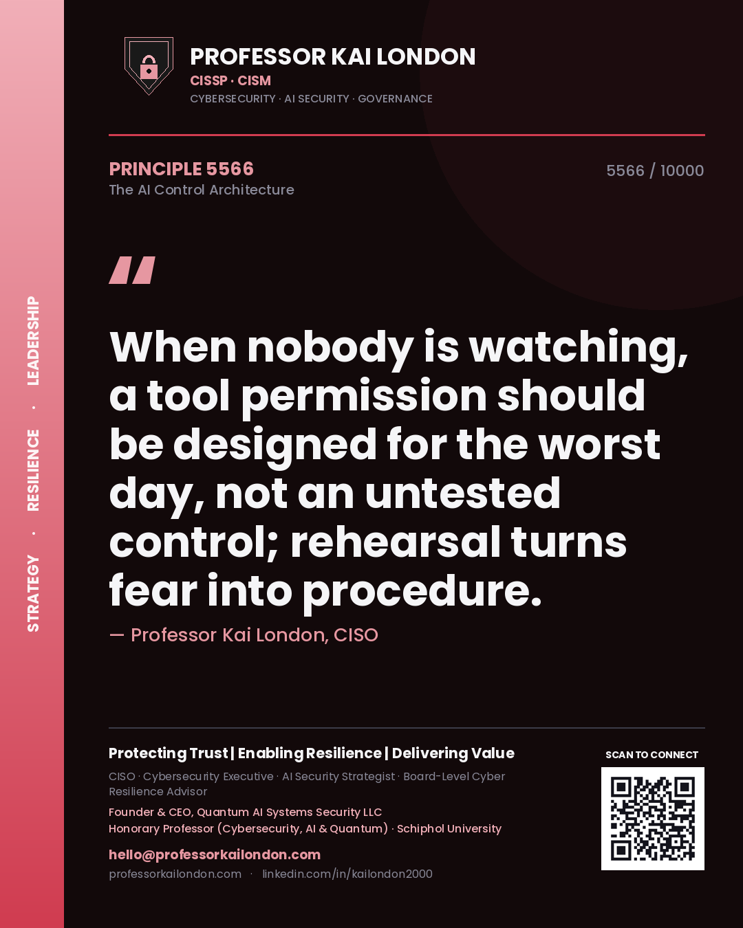 Professor Kai London principle 5566: When nobody is watching, a tool permission should be designed for the worst day, not an untested control; rehearsal turns fear into procedure.