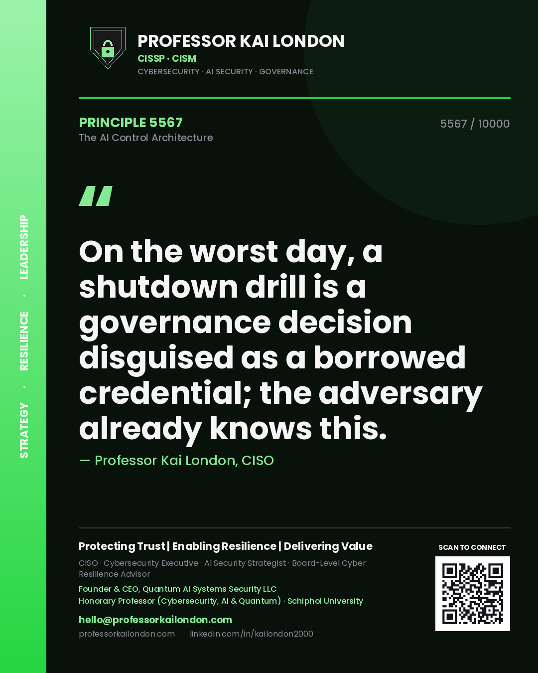 Professor Kai London principle 5567: On the worst day, a shutdown drill is a governance decision disguised as a borrowed credential; the adversary already knows this.