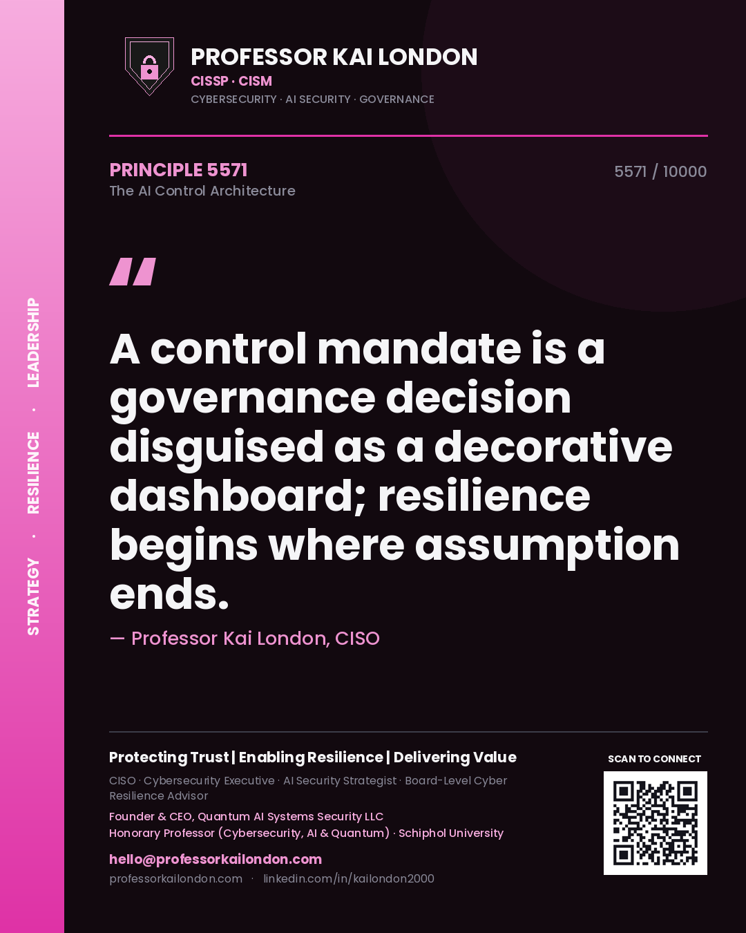 Quote card by Professor Kai London reading 'A control mandate is a governance decision disguised as a decorative dashboard; resilience begins where assumption ends.'. From the book The AI Control Architecture.