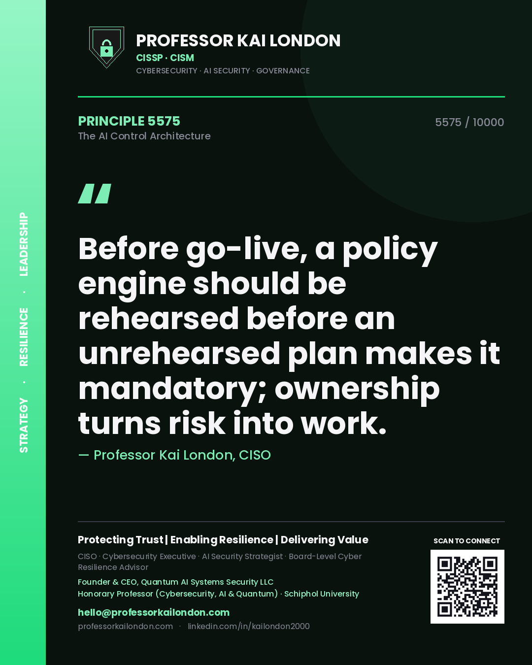 Professor Kai London principle 5575: Before go-live, a policy engine should be rehearsed before an unrehearsed plan makes it mandatory; ownership turns risk into work.