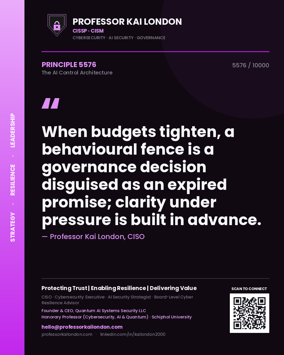 Professor Kai London principle 5576: When budgets tighten, a behavioural fence is a governance decision disguised as an expired promise; clarity under pressure is built in advance.