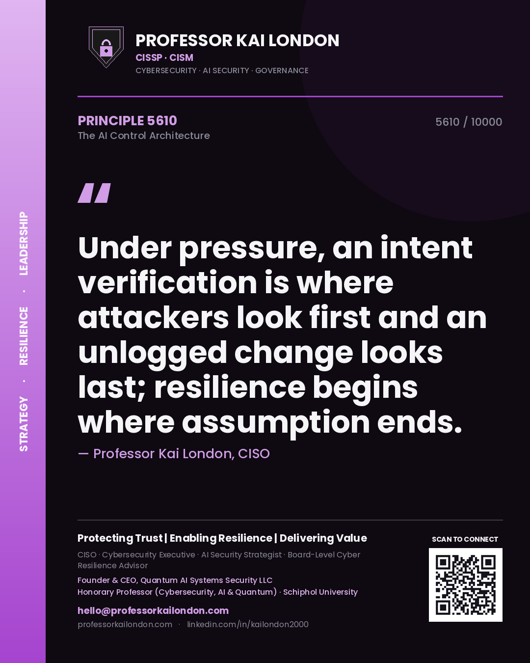 Quote card by Professor Kai London reading 'Under pressure, an intent verification is where attackers look first and an unlogged change looks last; resilience begins where assumption ends.'. From the book The AI Control Architecture.