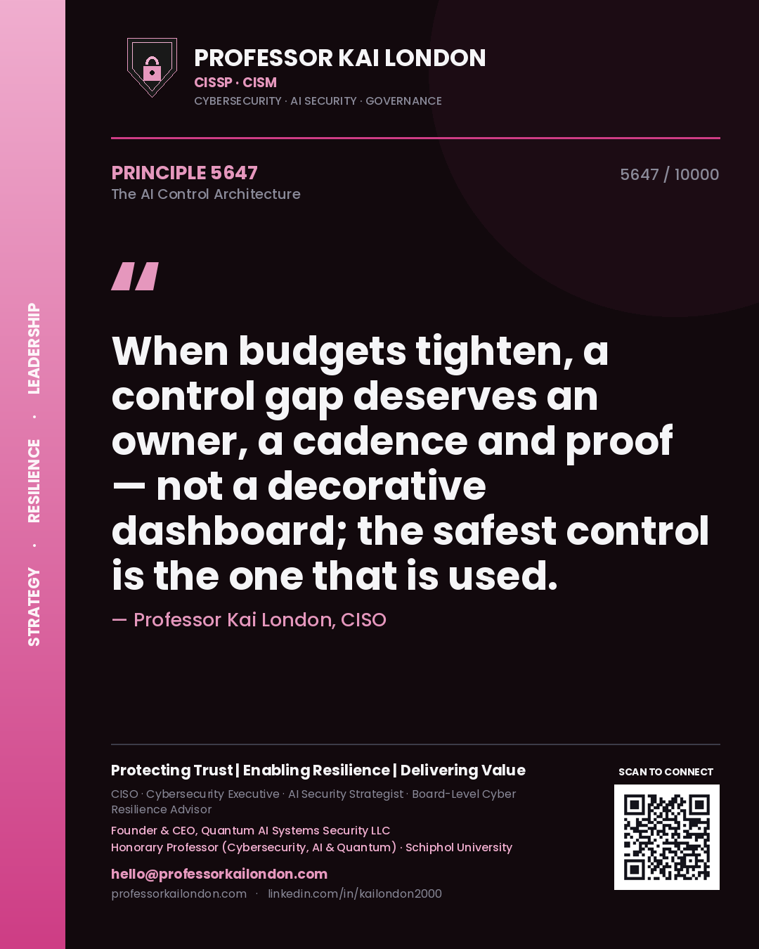 Quote card by Professor Kai London reading 'When budgets tighten, a control gap deserves an owner, a cadence and proof — not a decorative dashboard; the safest control is the one that is used.'. From the book The AI Control Architecture.